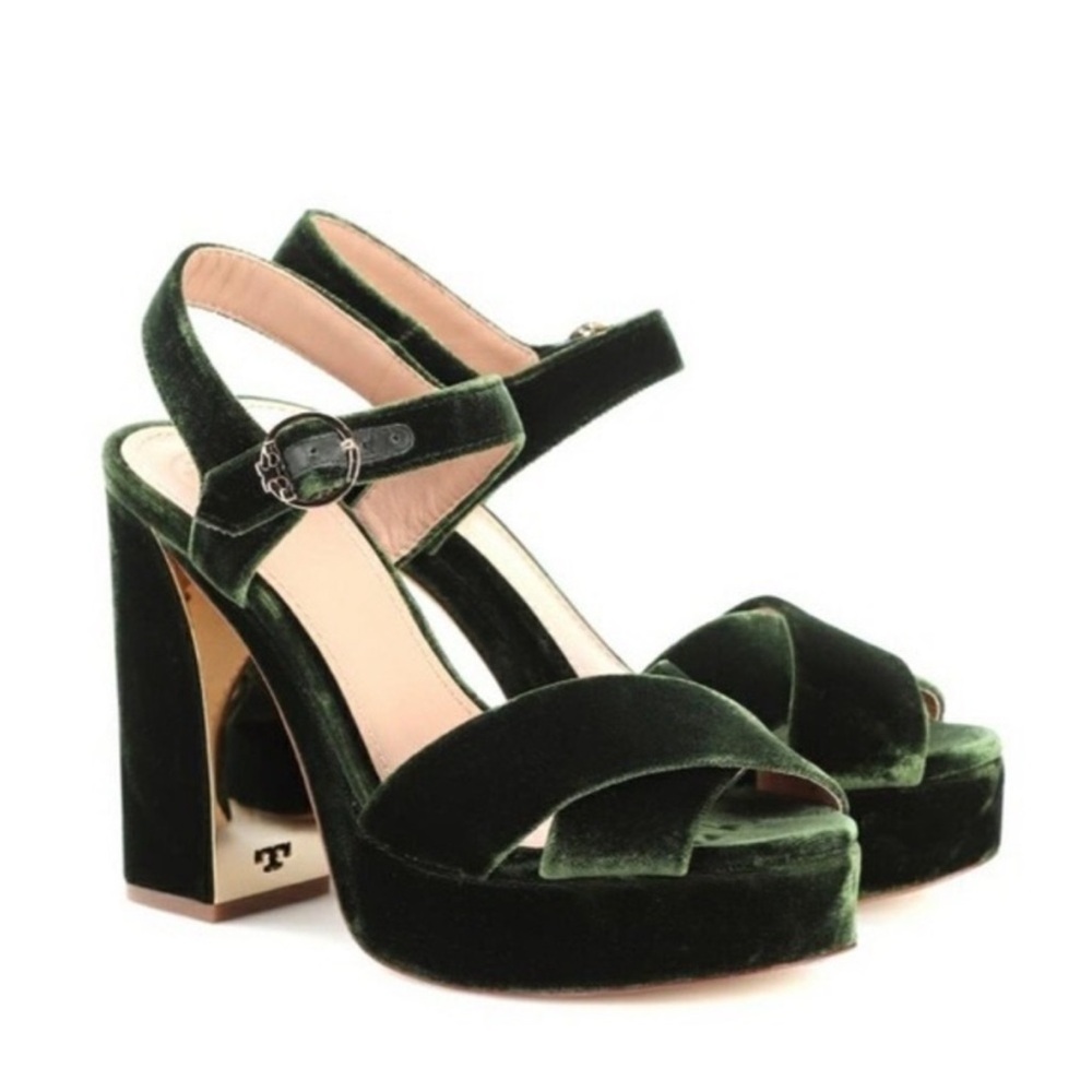 TORY BURCH LORETTA VELVET PLATFORM SANDAL DARK GREEN GOLD 11